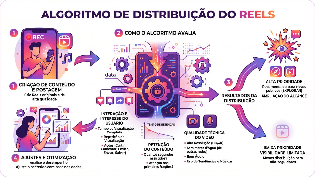 Como funciona o algoritmo de distribuição do Reels em 2026