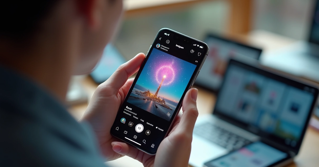 Cell phone with Instagram screen showing featured Reels with a high number of views.